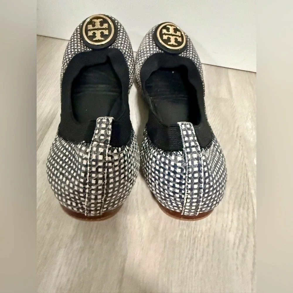 Tory Burch Ballet Flats Black White Checkered Logo Emblem Slip On Women US 5M